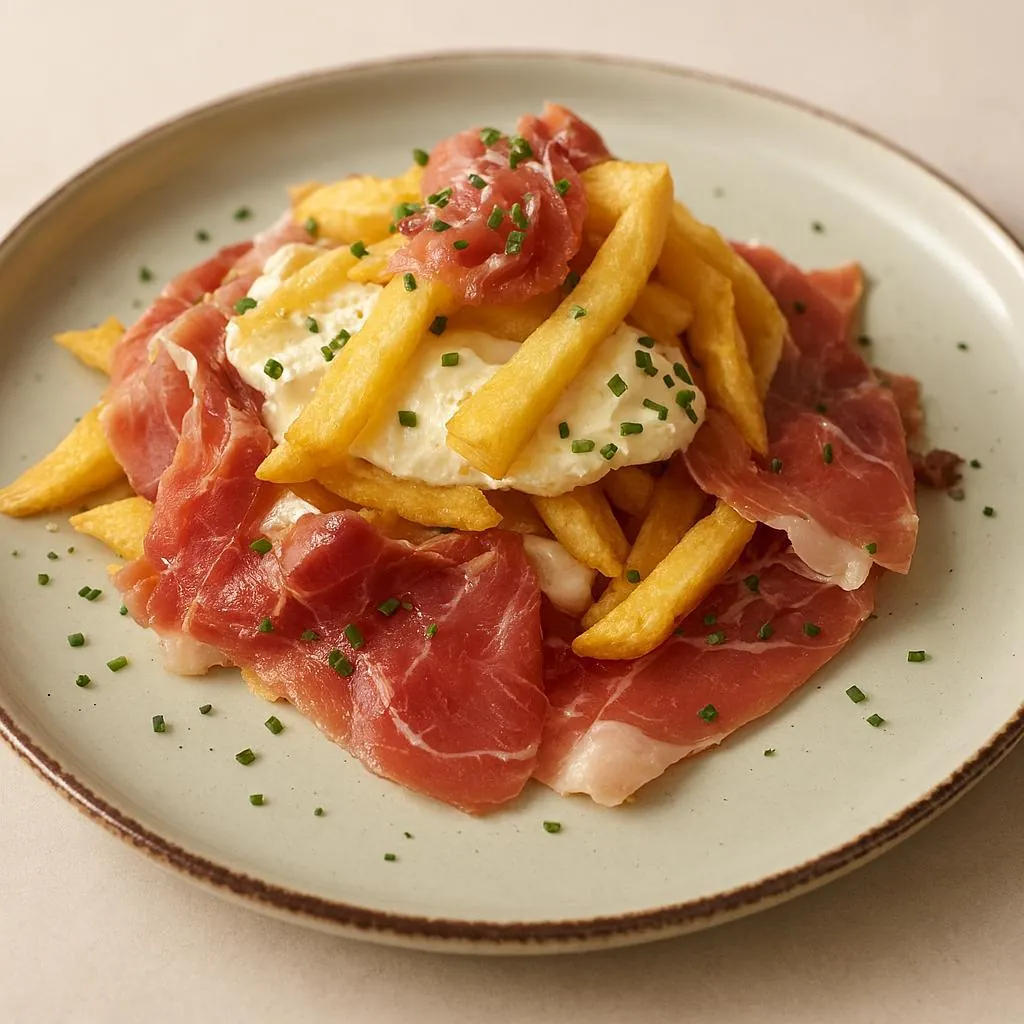Ous trencats amb pernil i patates